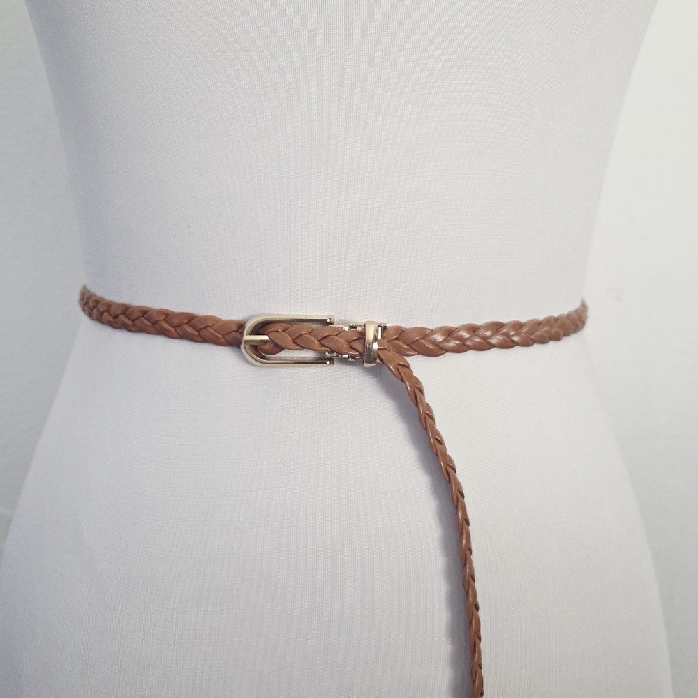 Brown thin braided belt with gold buckle - Picture 3 of 8